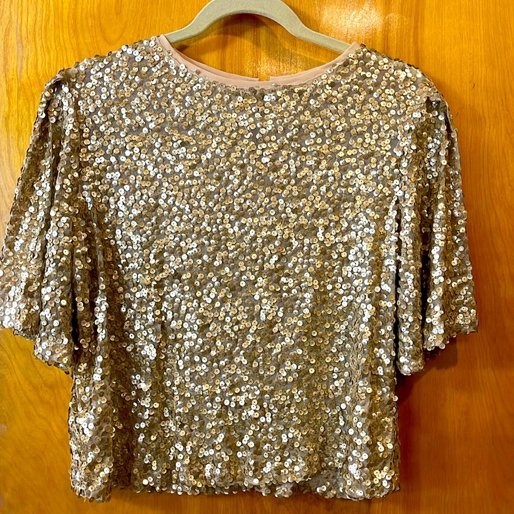 NSR champagne gold sequin crop top with butterfly sleeves.